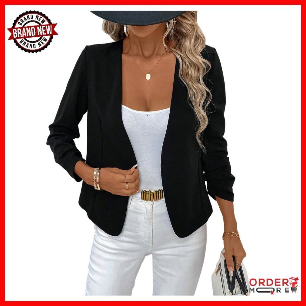 Lightweight Polyester Blazer 3/4 Sleeve Open Front Office Casual